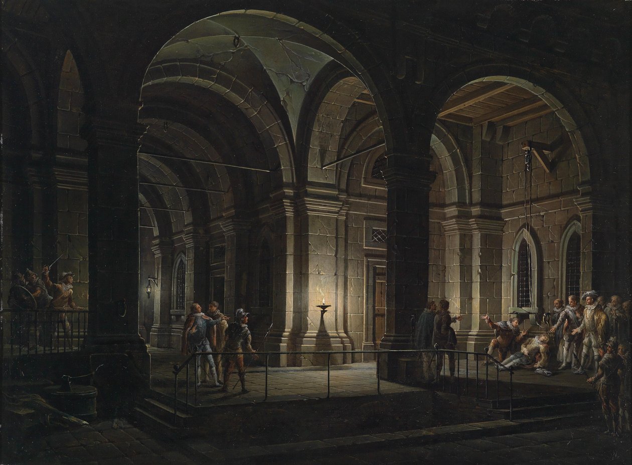 Architettura carceraria fantastica con figure in costume del XVII secolo da Josef Platzer