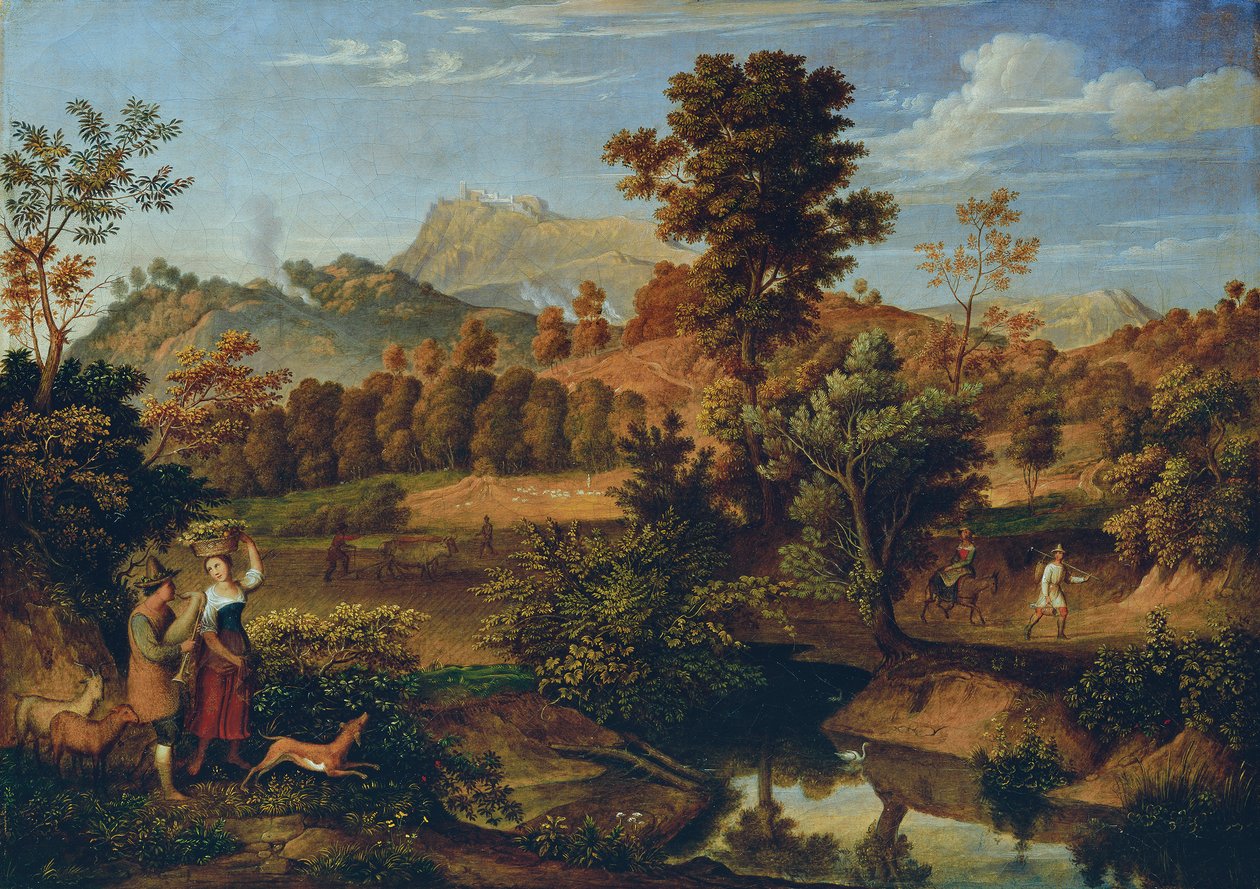 Paesaggio italiano con contadino che ara (La Serpentara presso Olevano, Paesaggio presso Paliano) da Josef Anton Koch