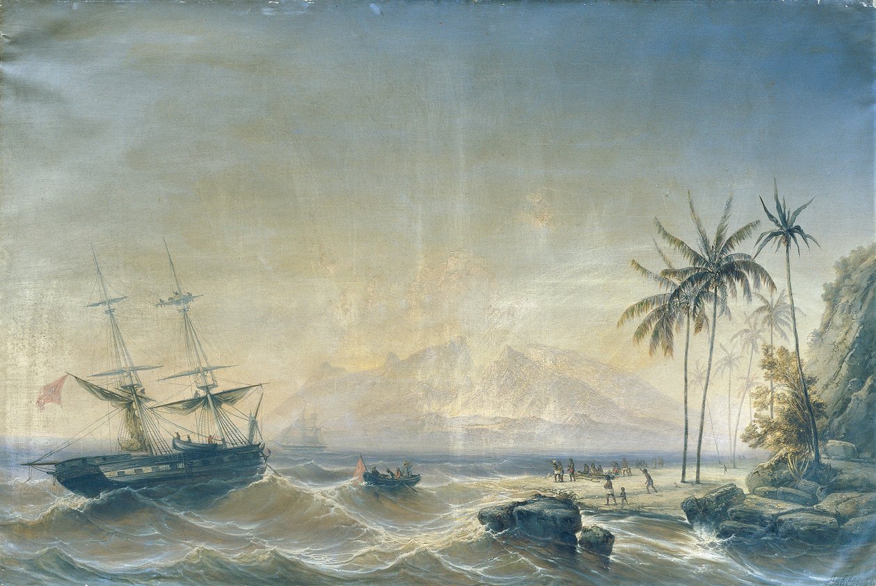 Nave da guerra davanti alle isole del Pacifico da Josef Carl Berthold Püttner