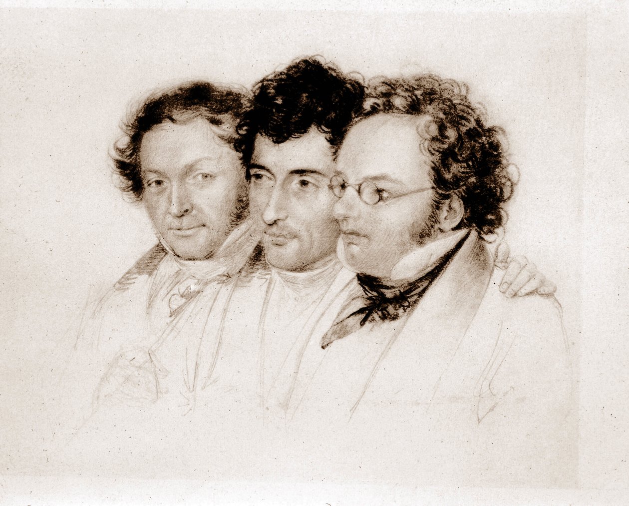Da sinistra a destra: Jenger, Httenbrenner e F. Schubert. Acquerello di Feltscher da Josef Eduard Teltscher