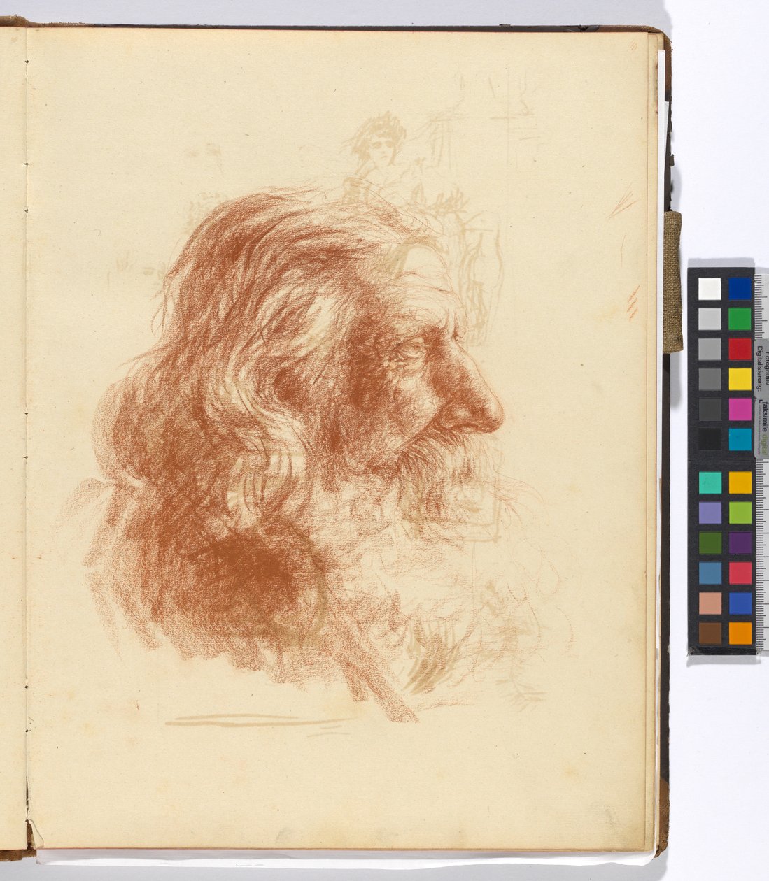 Foglio di un album da disegno: studio di un uomo barbuto (sul retro: studi su una figura femminile in costume e su un album di pittura) da Josef Engelhart