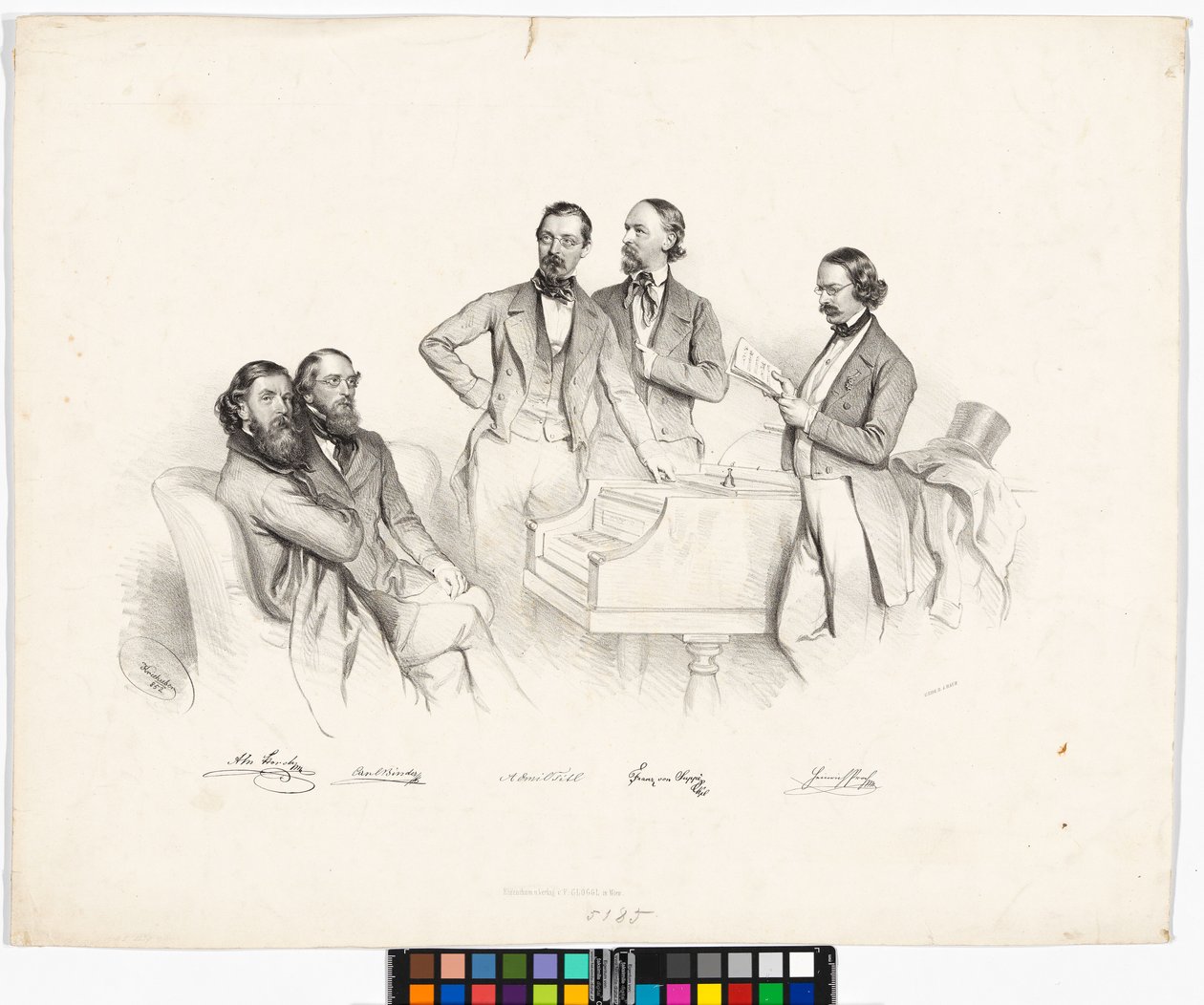 Ritratto di gruppo: Anton Storch, Carl Binder, Anton Emil Titl, Franz von Suppé, Heinrich Proch da Josef Kriehuber