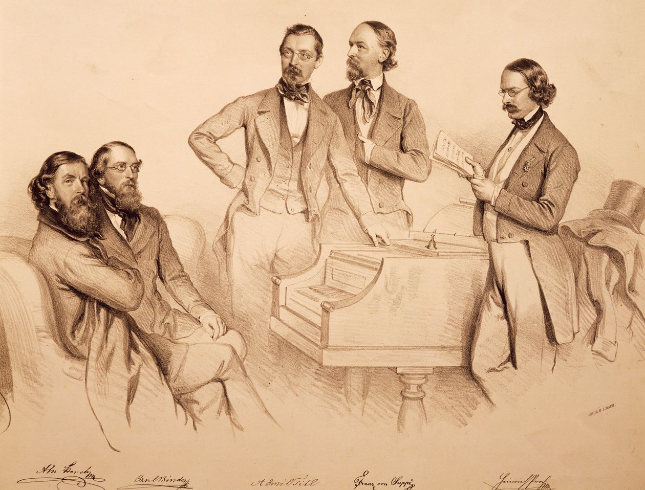 Ritratto di gruppo di musicisti viennesi e compositori: Franz von Suppé, Carl Binder, Anton Storch, Heinrich Proch e Anton Emil Titl da Josef Nikolaus Kriehuber