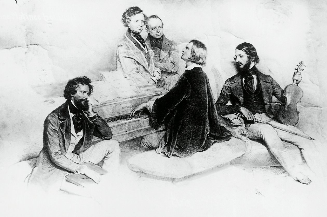 Matinée a casa di Liszt, da sinistra a destra, Kriehuber, compositore Hector Berlioz, Carl Czerny, Franz Liszt e violinista Heinrich Wilhelm Ernst, litografia di Josef Kriehuber da Josef Nikolaus Kriehuber