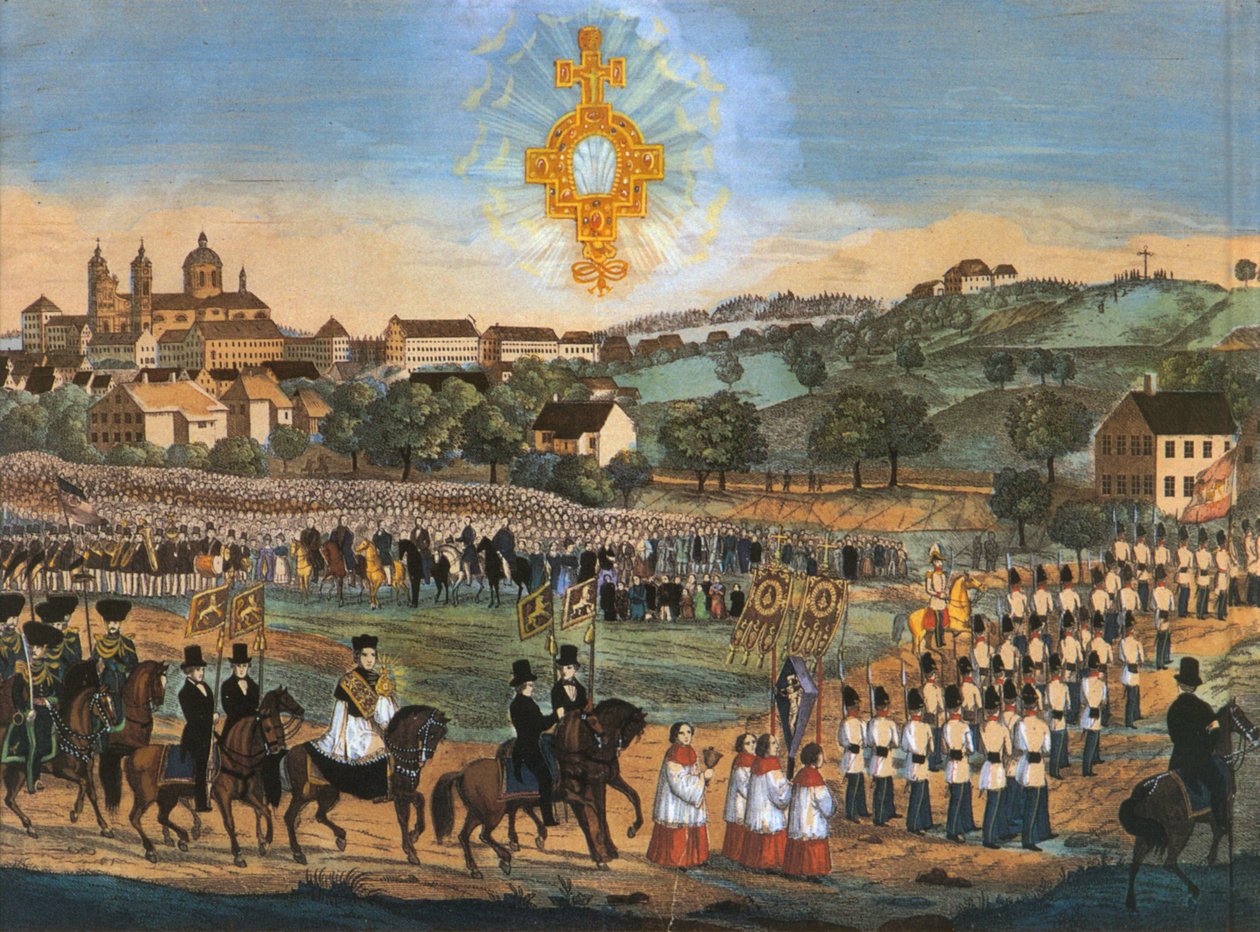 Altdorf-Weingarten, processione del Sacro Sangue 1849 o negli anni successivi; litografia colorata, variante con reliquia del Sacro Sangue nel cielo da Joseph Bayer