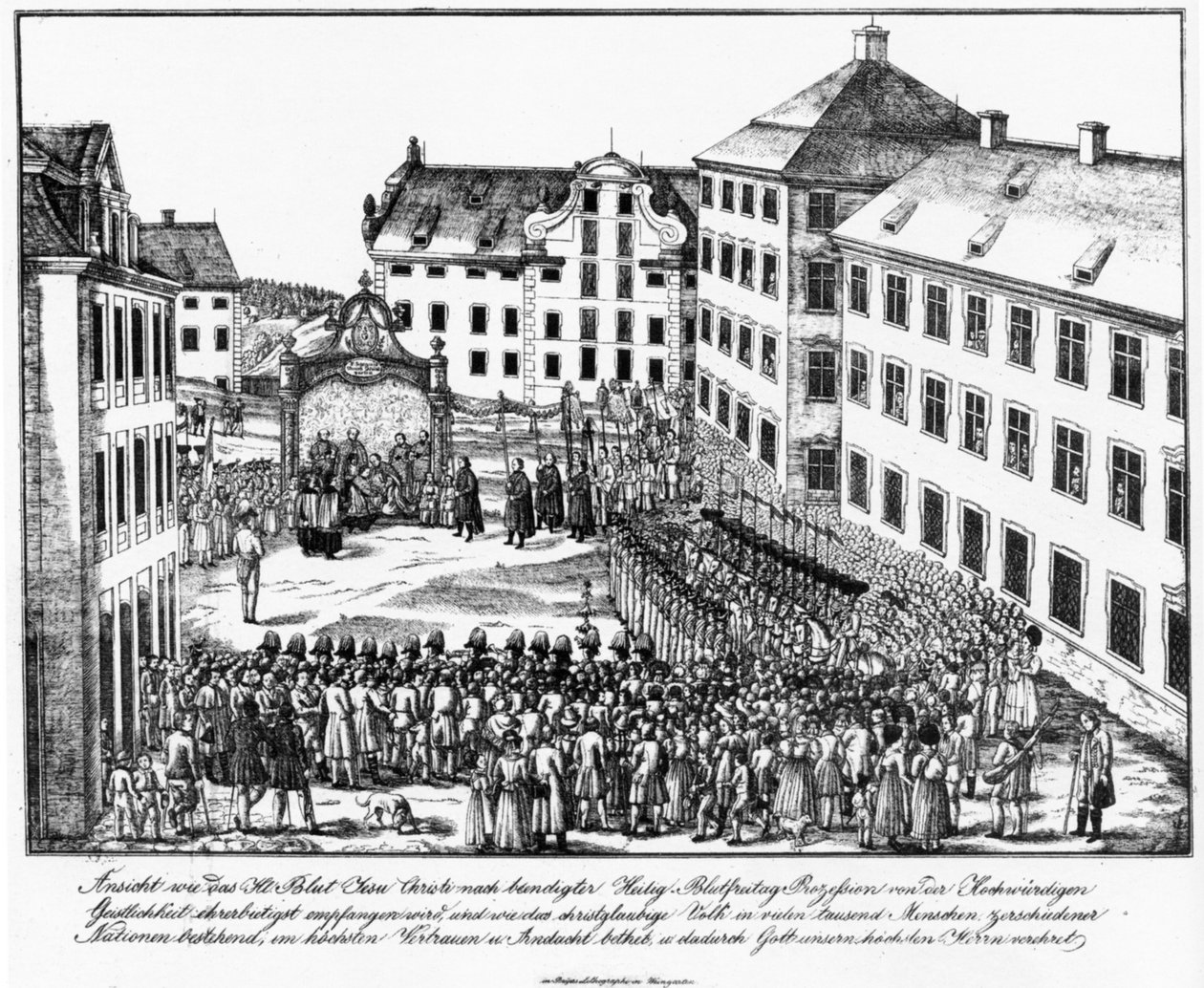 Weingarten, cortile del monastero, ricevimento della reliquia del Sacro Sangue dal clero dopo la processione del Sacro Sangue, inizio degli anni 1840 da Joseph Bayer