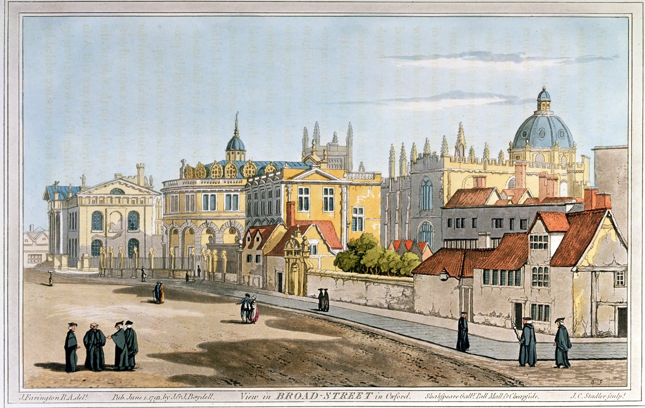 Broad Street, Oxford, incisione, 1793 da Joseph Farington