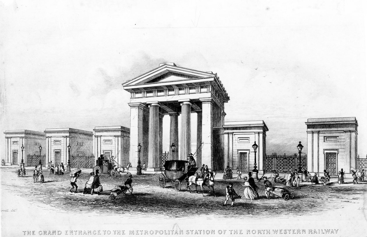 Il grande ingresso della stazione metropolitana della North Western Railway, inciso da Alfred Ashley, c.1837 da Joseph Francis Burrel