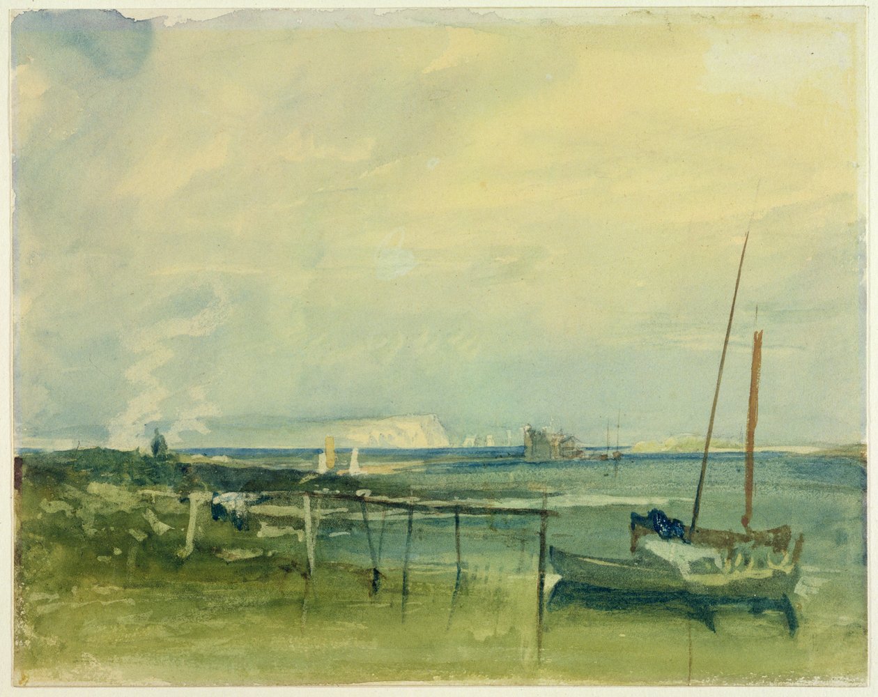 Scena costiera con scogliere bianche e barche sulla riva da Joseph Mallord William Turner