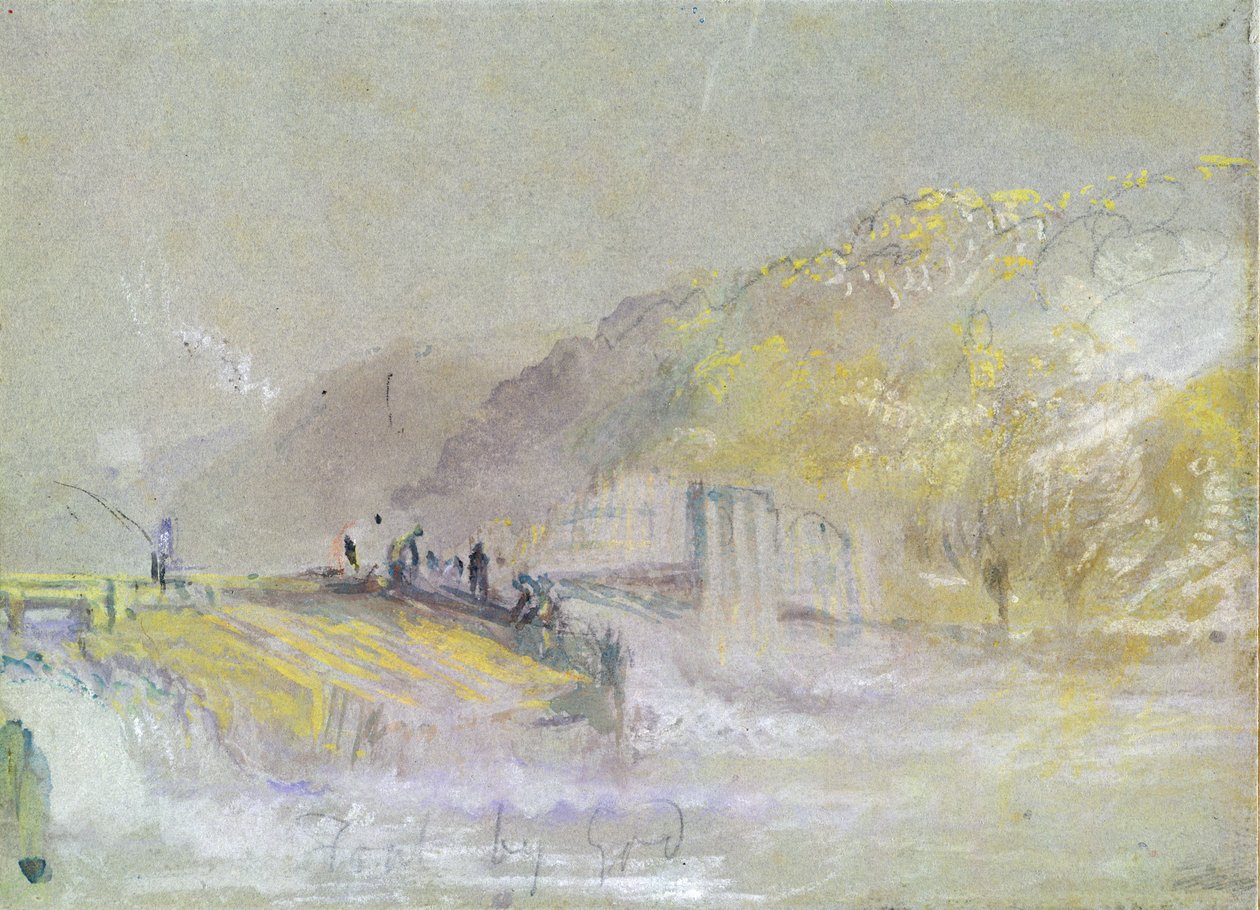 Paesaggio fluviale con pescatori che pescano da una diga, c.1830 da Joseph Mallord William Turner