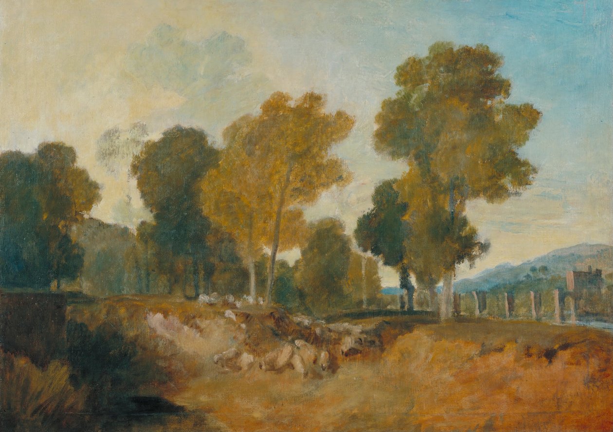 Alberi lungo il fiume, con ponte in lontananza da Joseph Mallord William Turner