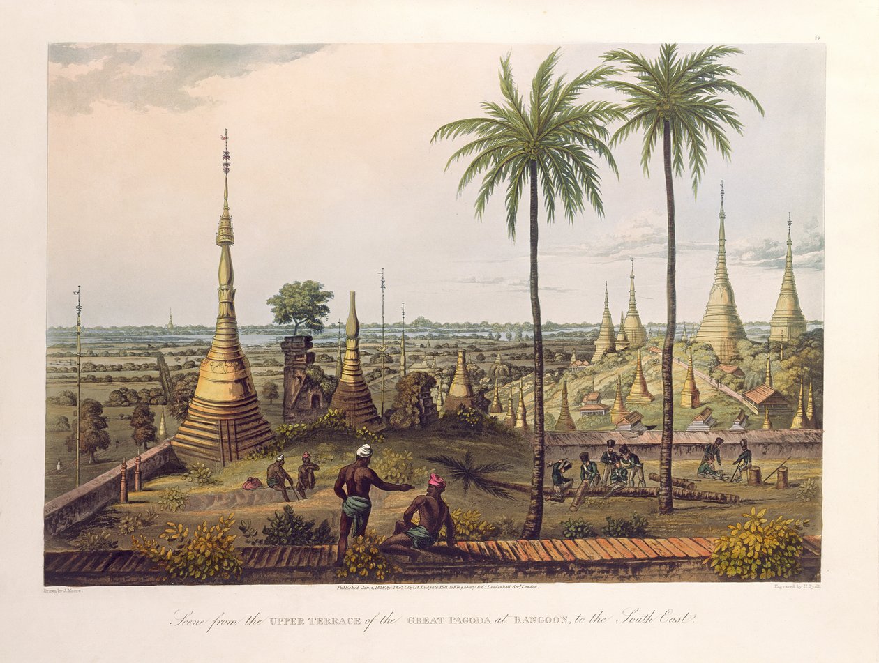 Scena dalla terrazza superiore della Grande Pagoda a Rangoon, verso sud-est, inciso da H. Pyall, pub. da Kingsbury und Co., 1826 da Joseph Moore
