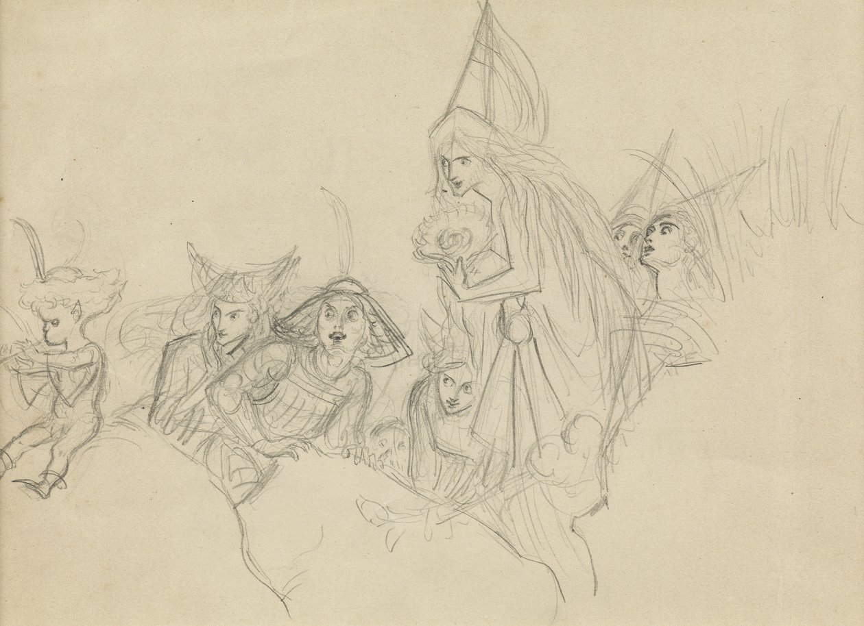 Figure medievali che fissano un elfo da Joseph Noel Paton