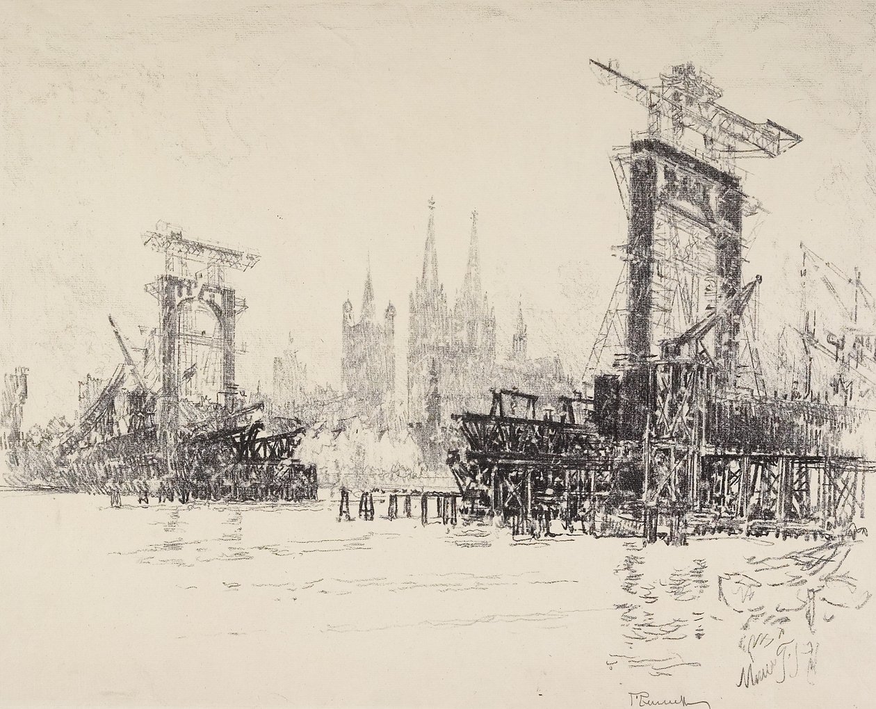 Costruzione del Ponte a Colonia, 1914 da Joseph Pennell