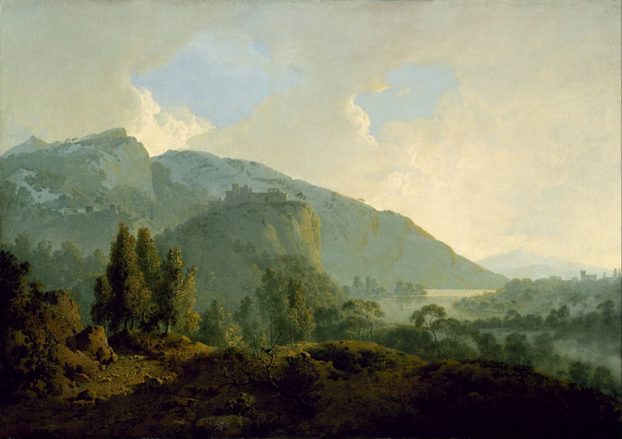 Paesaggio italiano con montagne e un fiume da Joseph Wright of Derby