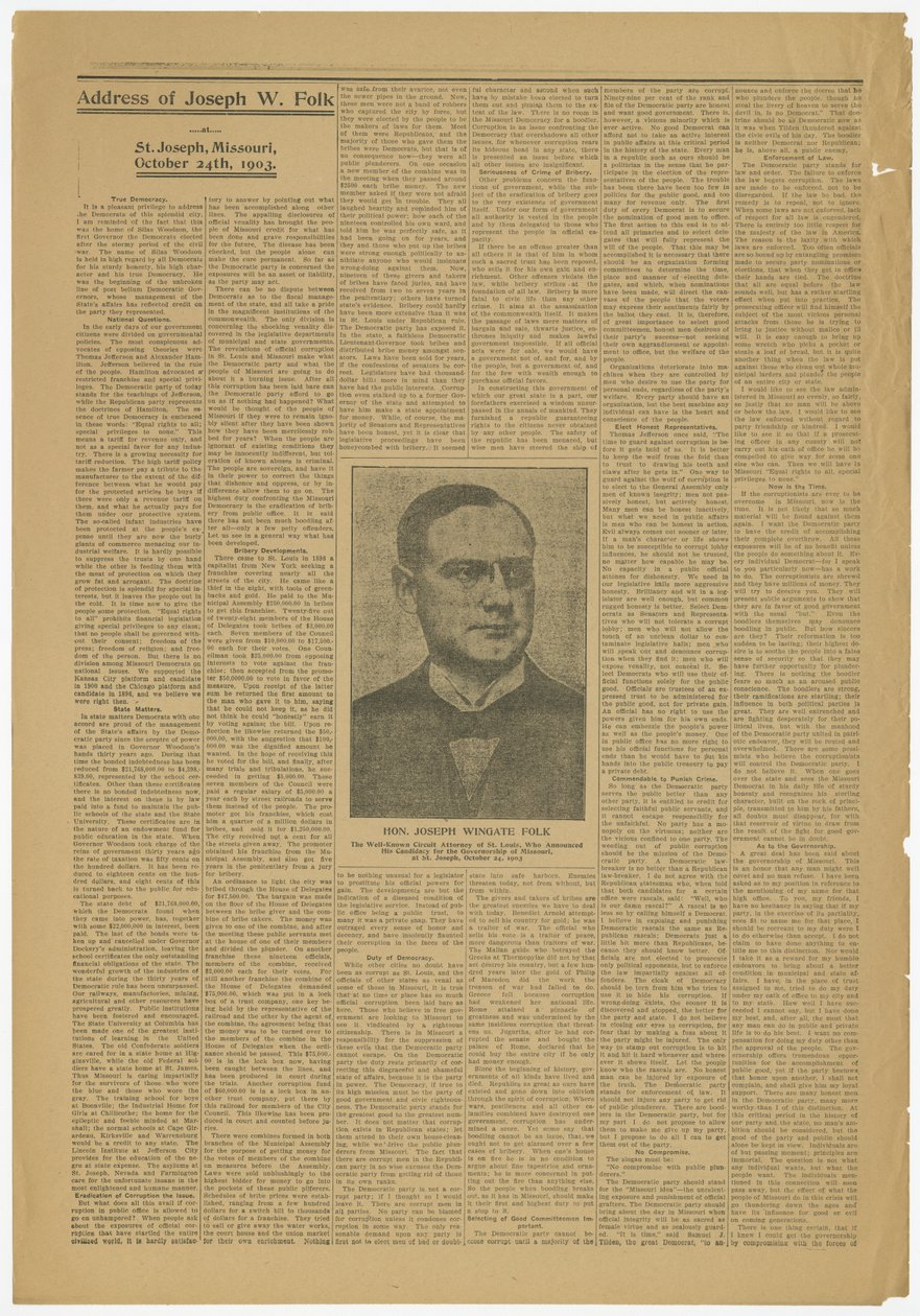 Discorso di Joseph W. Folk, St. Joseph, Mo., candidato alla governatura del Missouri, 24 ottobre 1903 da Joseph Wingate Folk