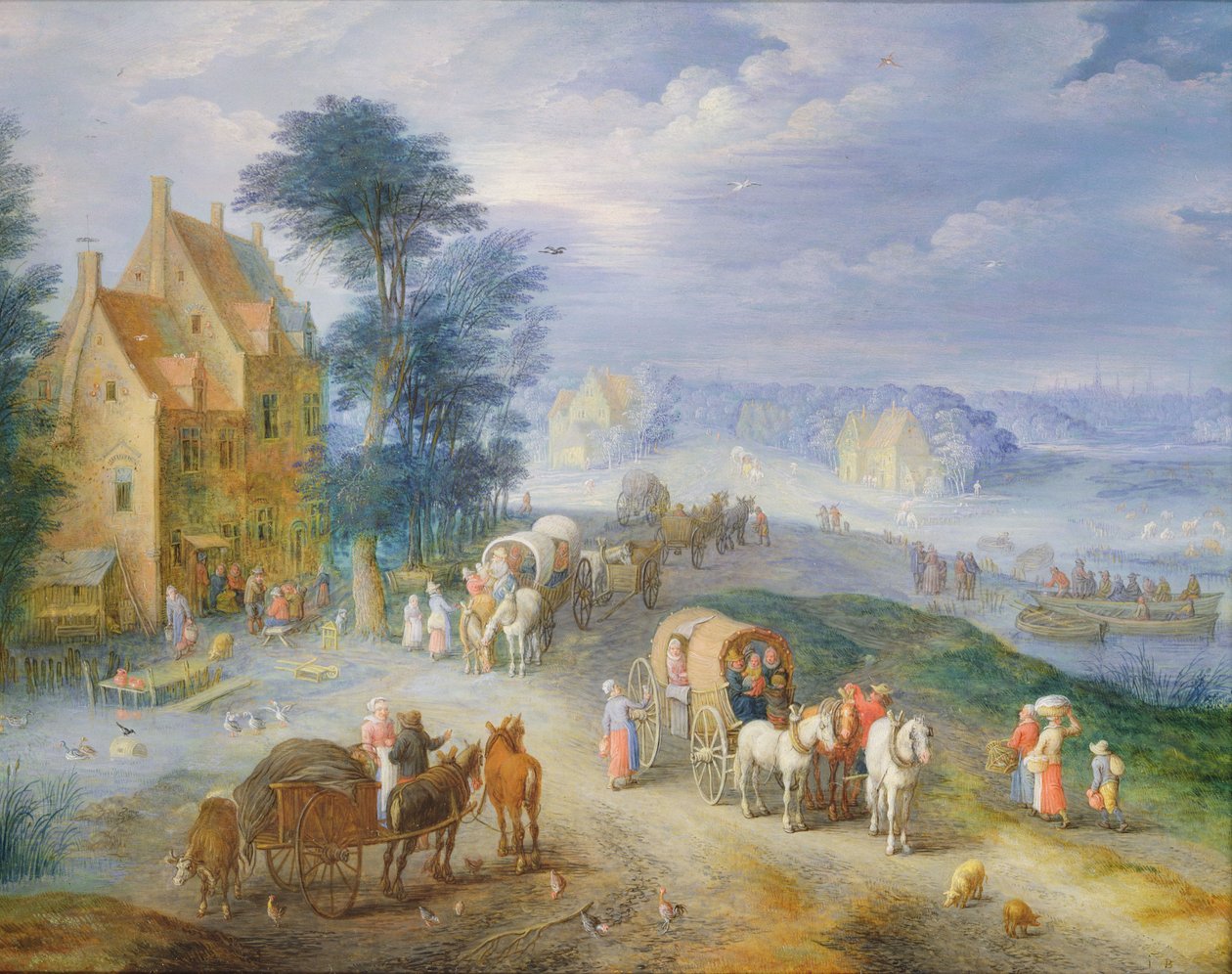 Paesaggio con contadini, carri e un traghetto da Joseph van Bredael
