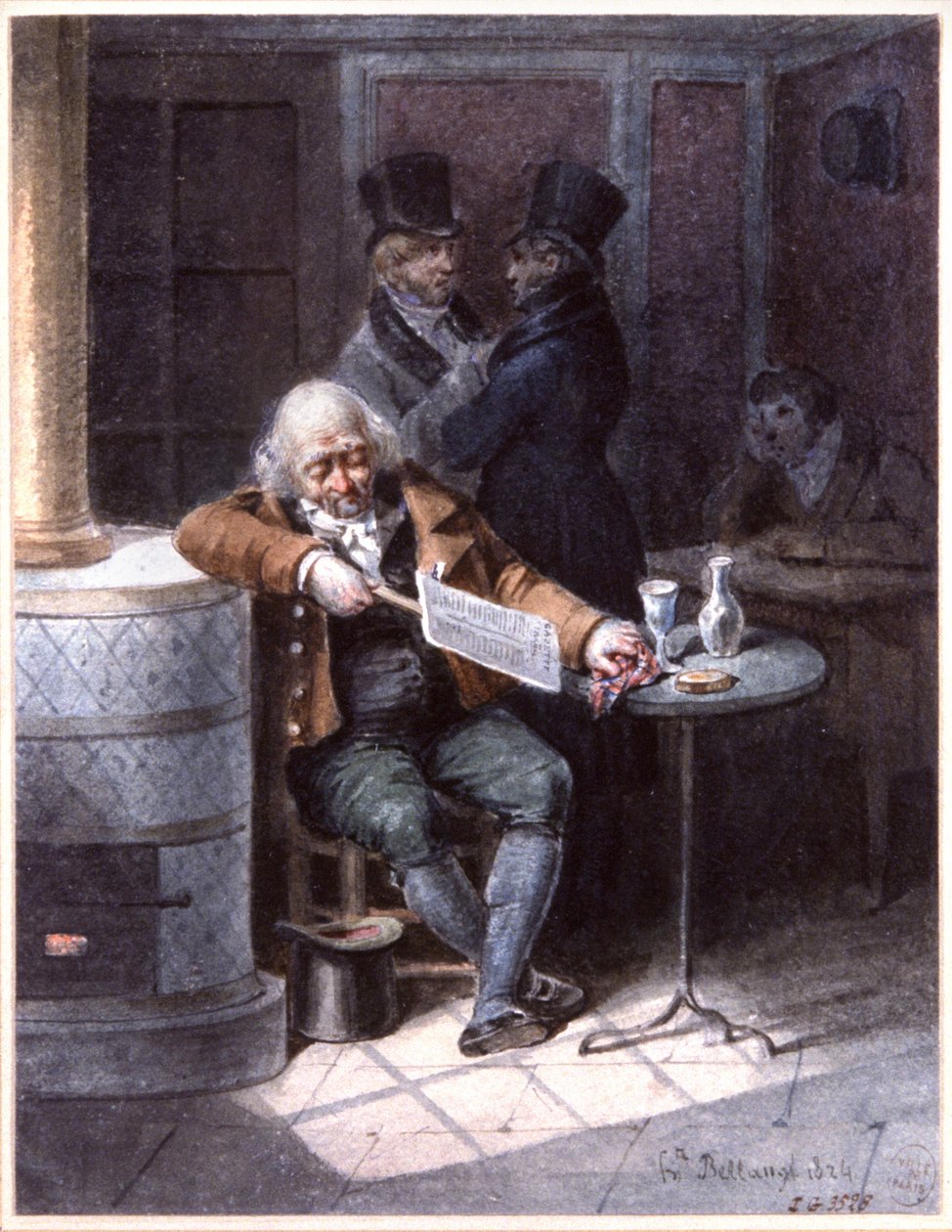 Vecchio che legge il giornale in un caffè, Parigi da Joseph Louis Hippolyte Bellange