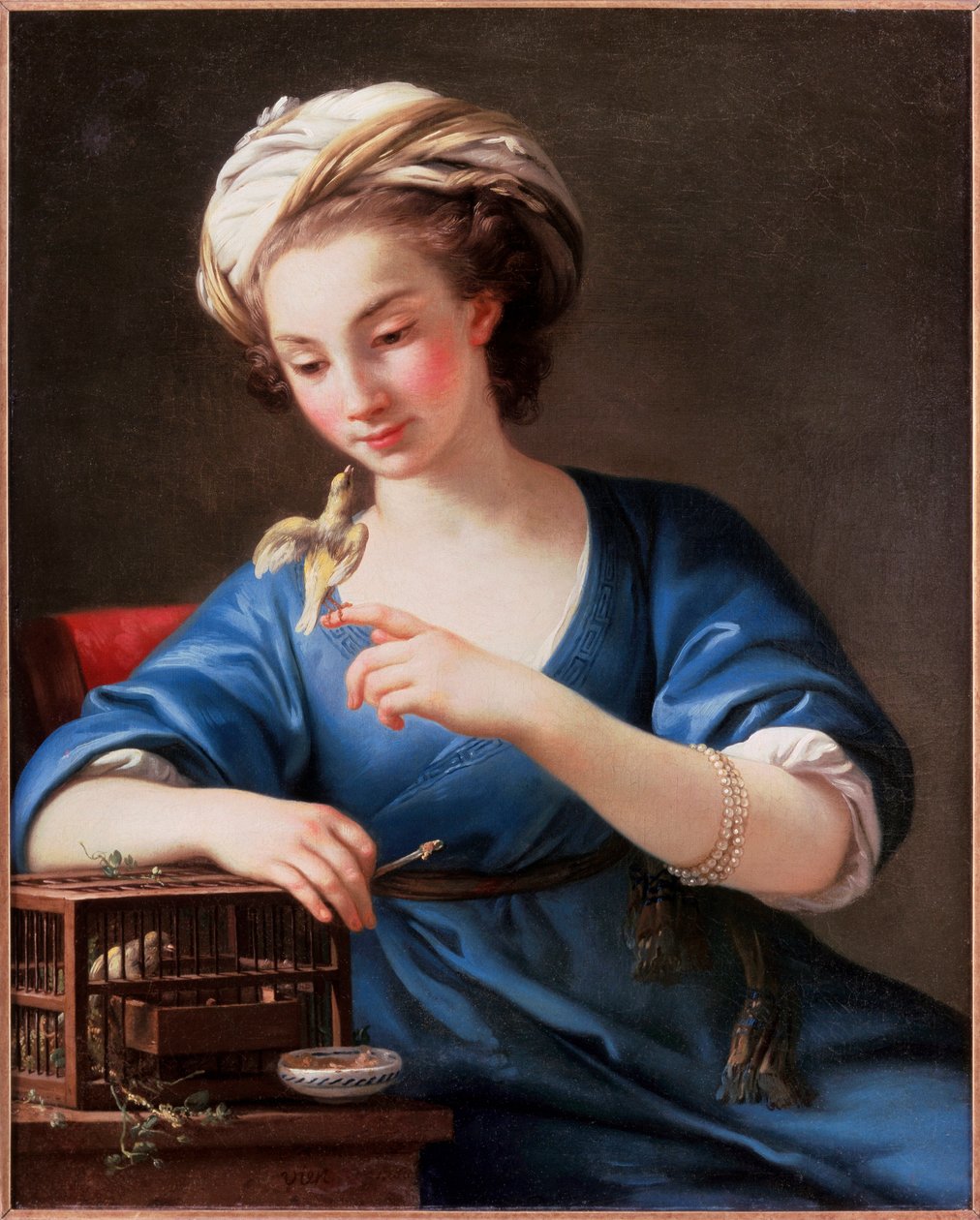 Giovane donna in costume turco che gioca con un uccello fuori dalla gabbia. Indossa un turbante e un bracciale di perle. Dipinto di Joseph-Marie Vien (Joseph Marie Vien da Joseph-Marie the Elder Vien