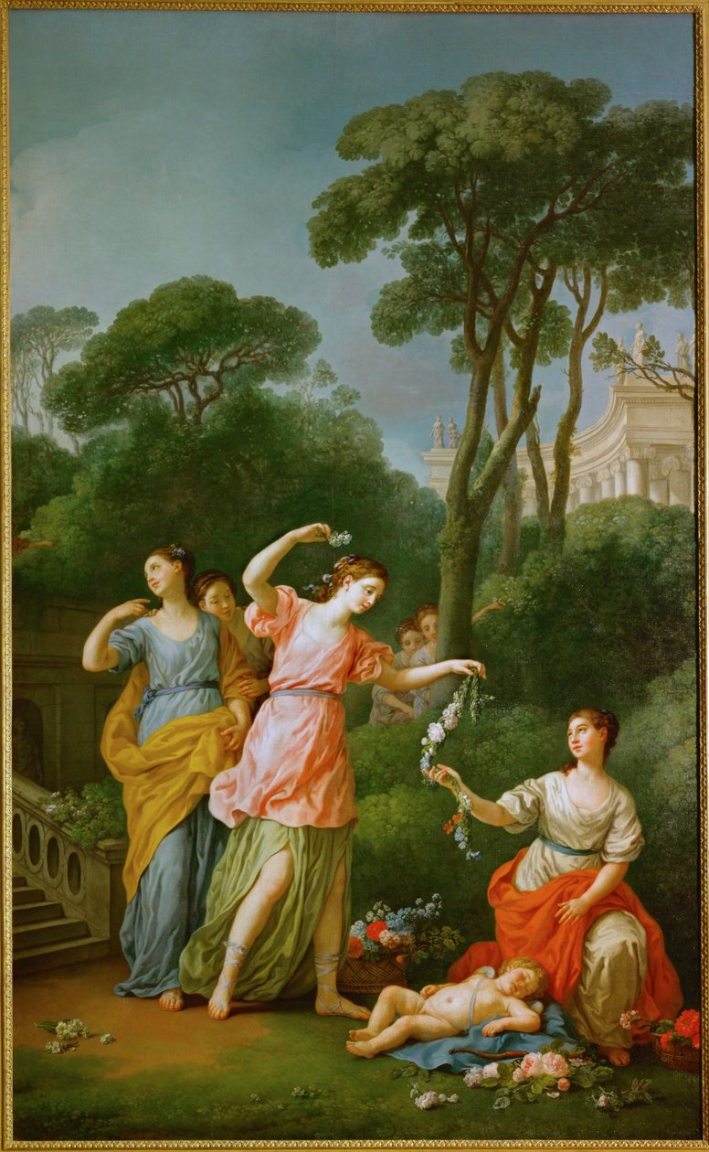 Giovani ragazze greche che donano ghirlande ad Amor dormiente ... da Joseph Marie the Elder Vien