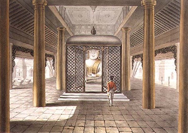 Un soldato in piedi in un tempio di Rangoon, inciso da George Hunt da Joseph (after) Moore