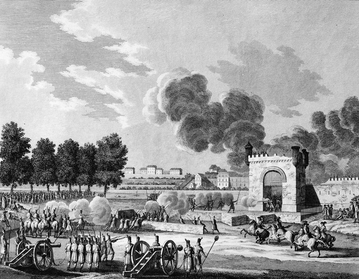 Rivoluzione francese: festa repubblicana delle vittorie, lotta dei giovani studenti al Campo di Marte a Parigi il 21 ottobre 1794. Incisione di Malapeau dopo Swebach - Desfontaines. Parigi, Biblioteca dell