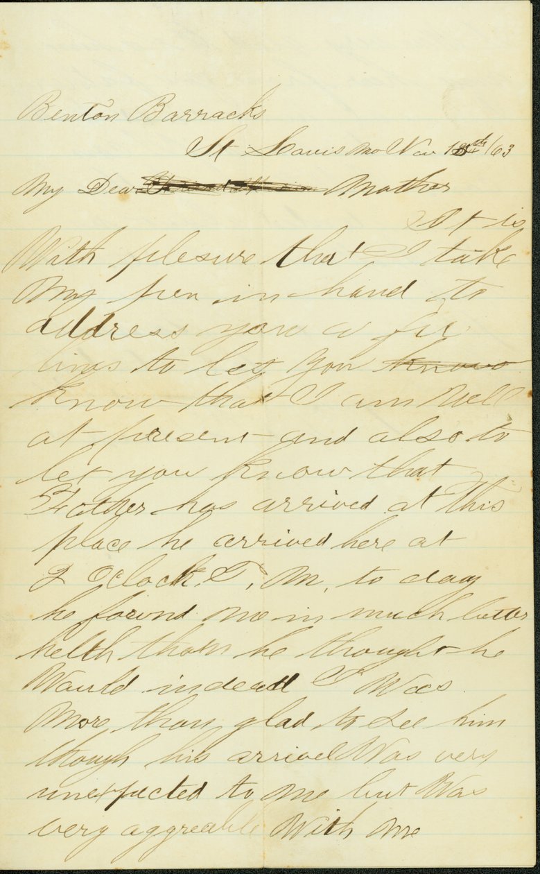 Lettera firmata Joseph A. Fardell, Benton Barracks, St. Louis, Mo., alla Madre, 12 novembre 1863 da Joseph A. Fardell