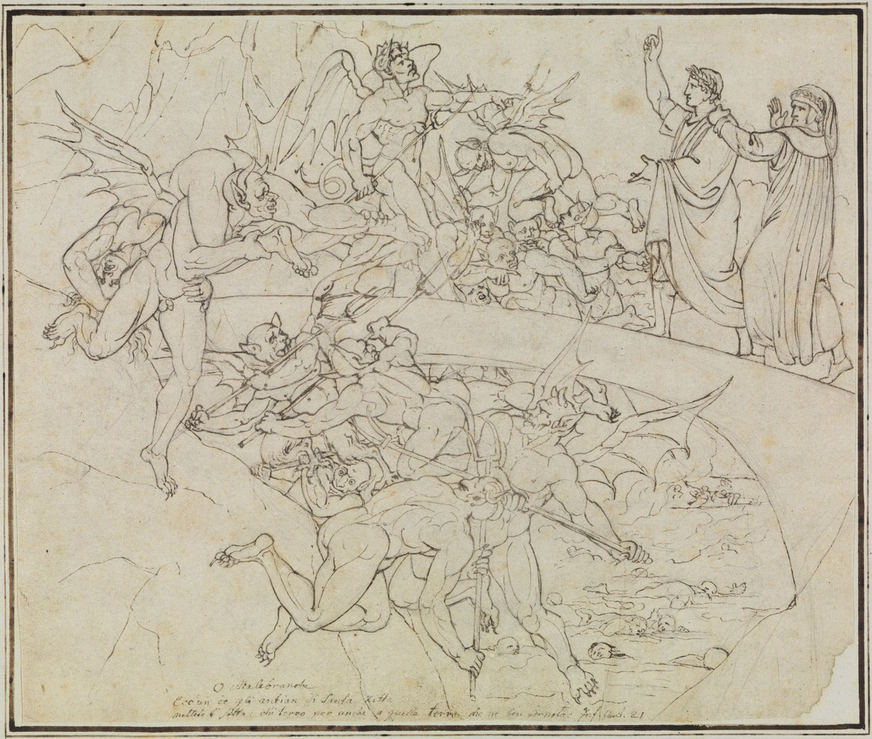 Al lago di pece dei barattieri, il consigliere di Lucca (Inferno di Dante, Canto 21, verso 34) da Joseph Anton Koch