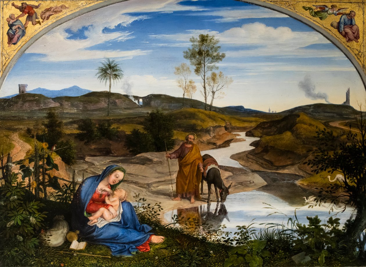 Repos pendant le fuite en Egypt, 1820-1825 circa (Olio su tavola (noce)) da Joseph Anton Koch
