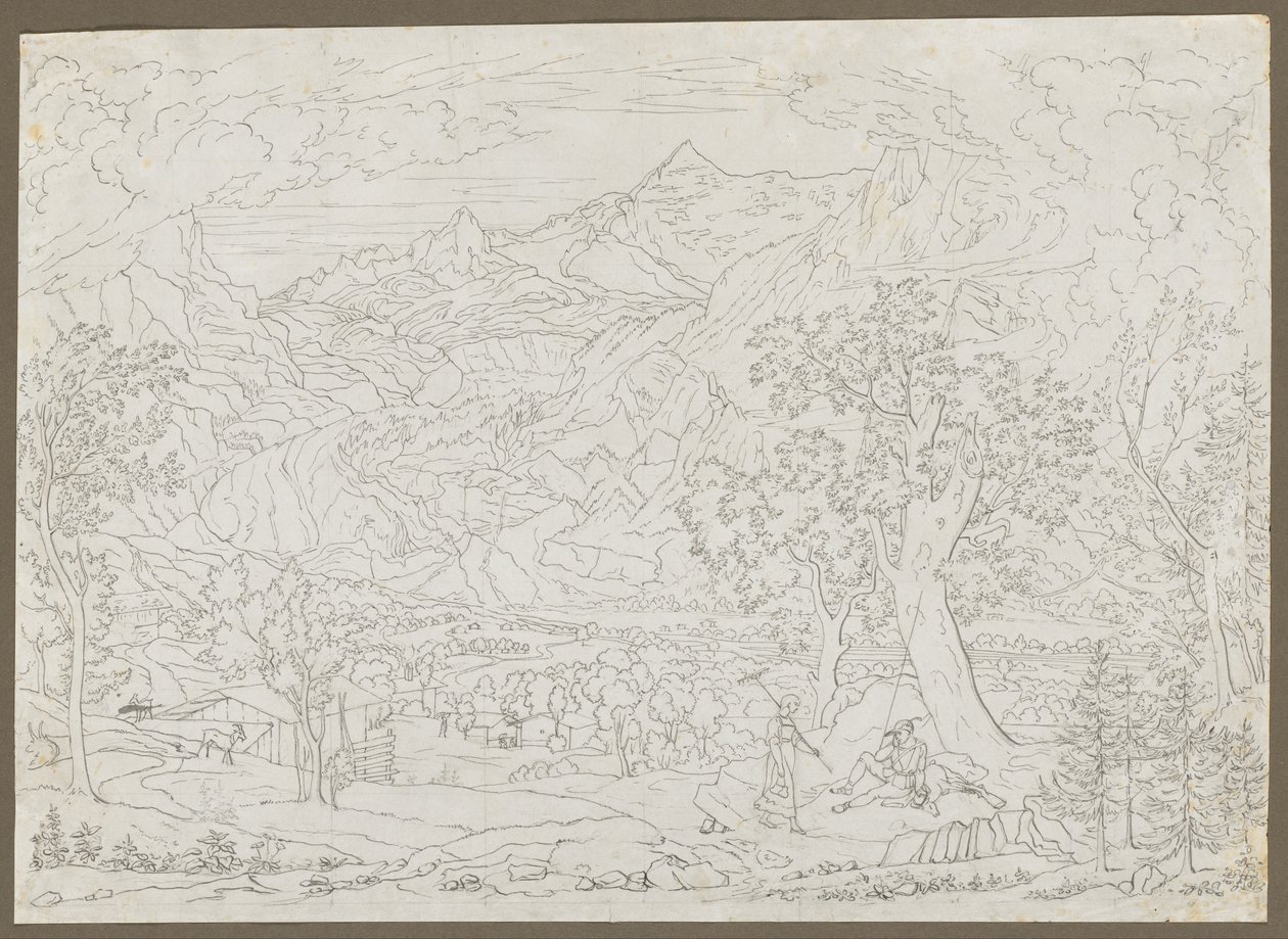 Il ghiacciaio di Grindelwald con cacciatore e ragazza contadina in primo piano, ca. 1823 da Joseph Anton Koch