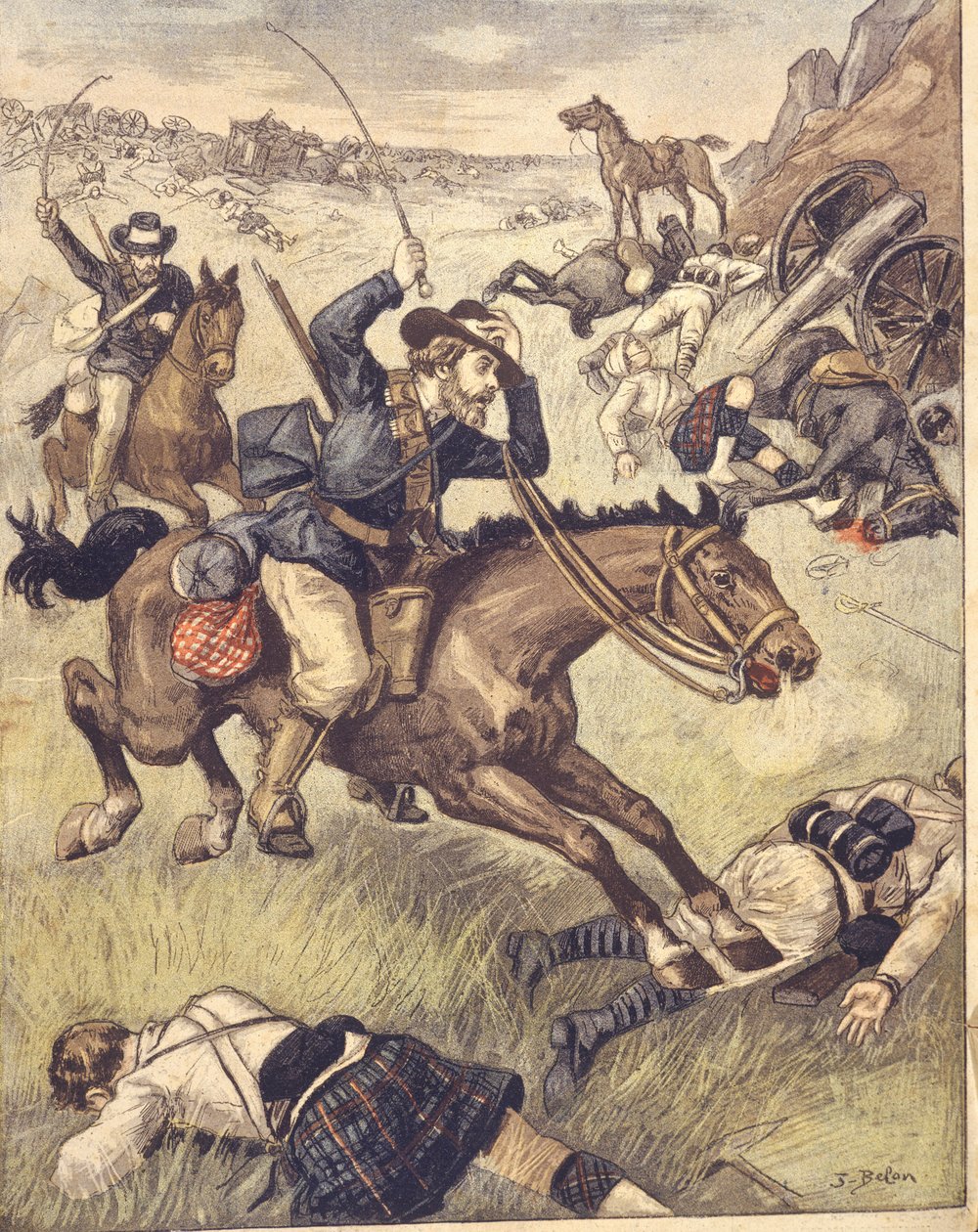 Commando boero attacca una pattuglia britannica durante le guerre anglo-zulu e anglo-boere del 1850-1902, illustrazione da Joseph Belon