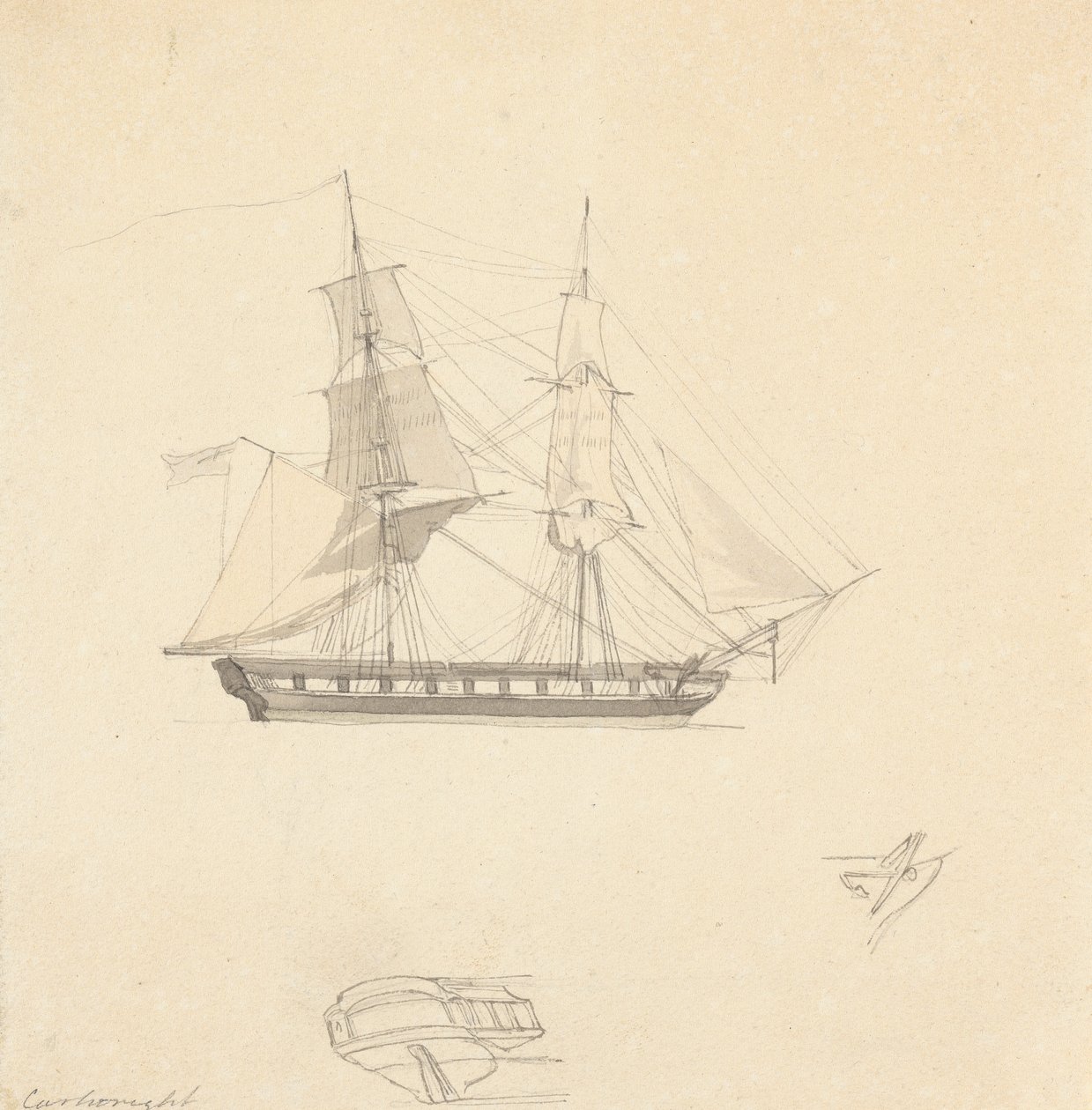Brigantino Singolo; Schizzi di Poppa e Timone Separati da Joseph Cartwright