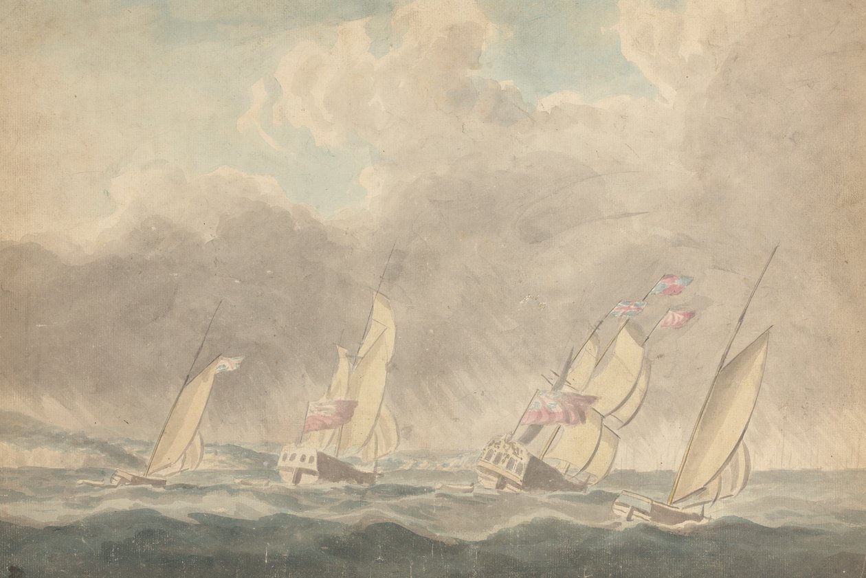 Due sloop da guerra, una barca e una goletta (?), poppe in avanti, in mare agitato; diverse navi a vela sullo sfondo da Joseph Cartwright