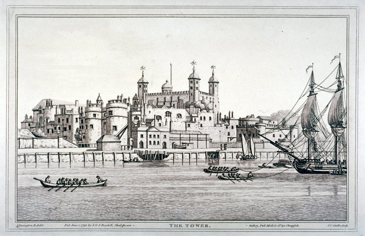 Vista sud della Torre di Londra con barche sul fiume Tamigi, 1795 da Joseph Constantine Stadler
