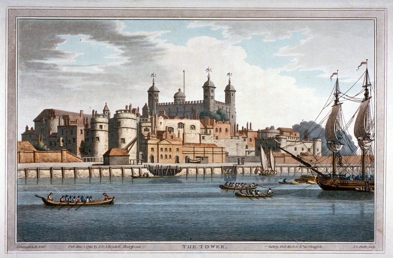 Vista sud della Torre di Londra con barche sul fiume Tamigi, 1795 da Joseph Constantine Stadler