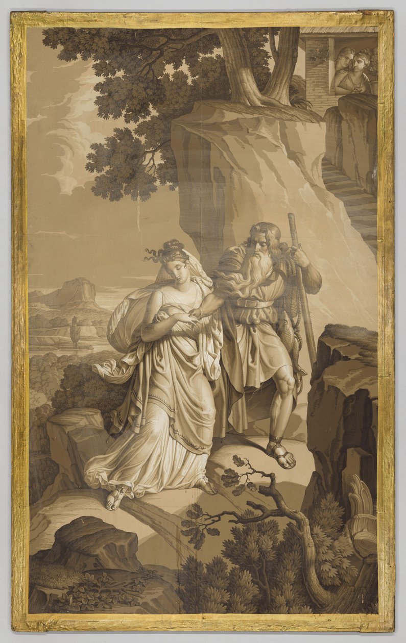 Pannello di carta da parati con scena da Les Amours de Psyche: Psiche su una scala scolpita nella roccia, in toni di grisaglia da Joseph Dufour