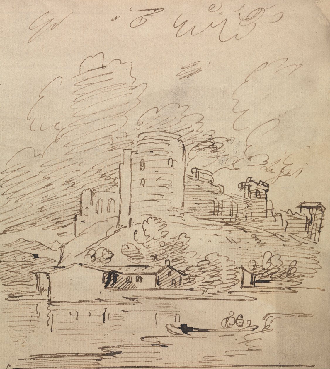 Castello con una torre rotonda sopra un fiume da Joseph Farington