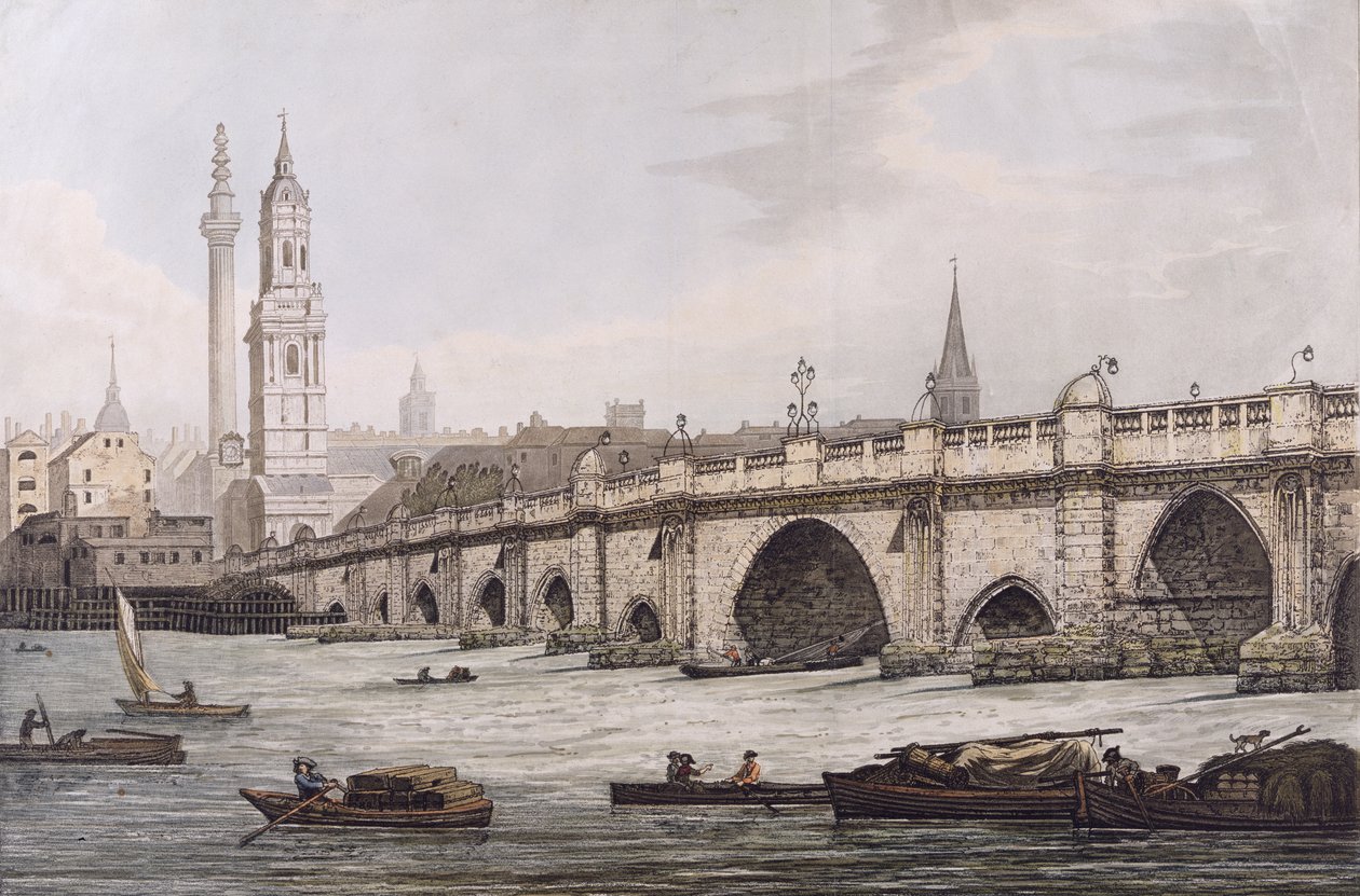 Veduta del London Bridge, inclusa la Chiesa di St. Magus e il Monumento, inciso da J.C. Stadler da Joseph Farington