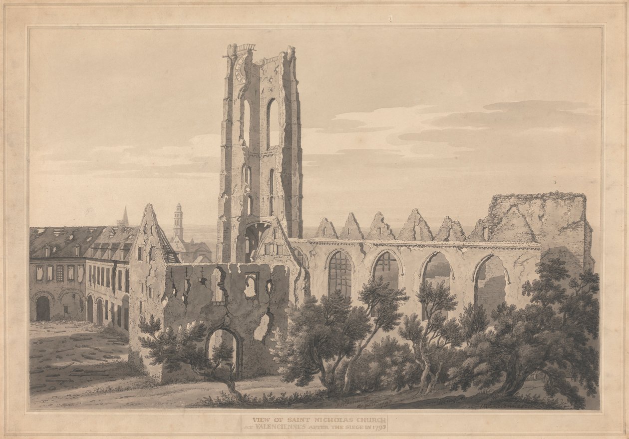 Veduta della chiesa di San Nicola a Valenciennes dopo l