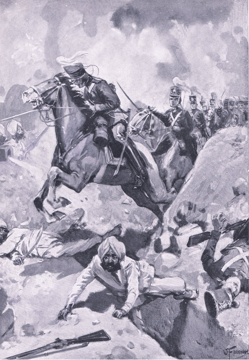 Sobraon: Sir Joseph Thackwell guida i 3º Dragoni Leggeri in fila indiana attraverso alcune opere di terra Sikh, illustrazione da British Battles on Land and Sea, 1915 da Joseph Finnemore