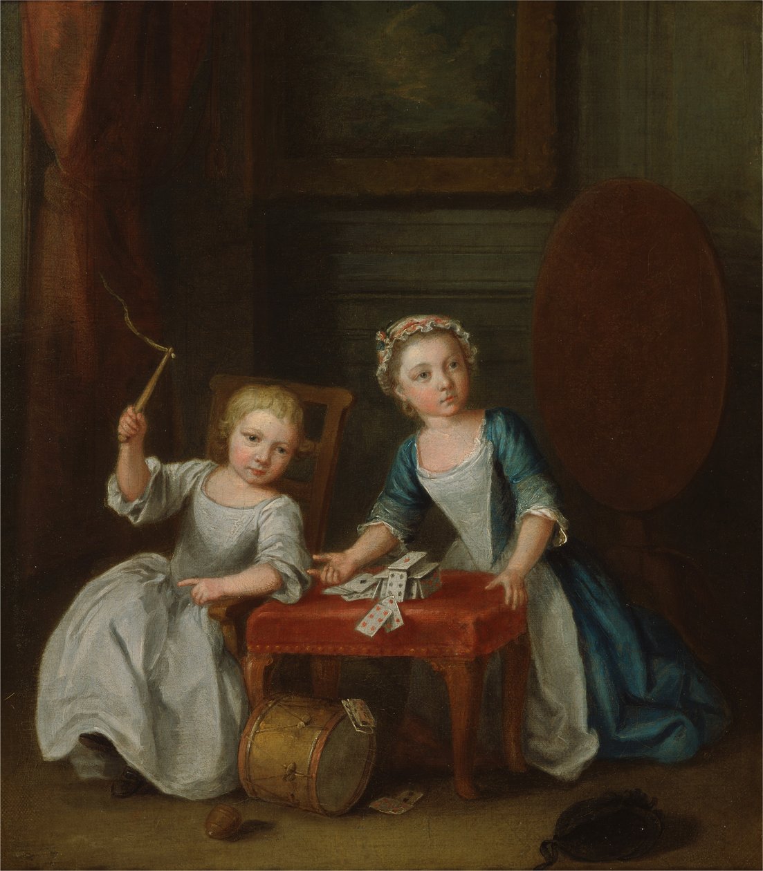 Due bambini della famiglia Nollekens, probabilmente Jacobus e Maria Sophia, giocano con una trottola e carte, 1745 da Joseph Francis Nollekens