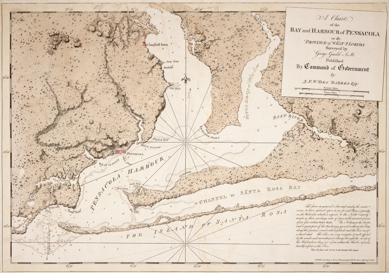 Carta della baia e del porto di Pensacola nella provincia della Florida occidentale da Joseph Frederick Wallet DesBarres