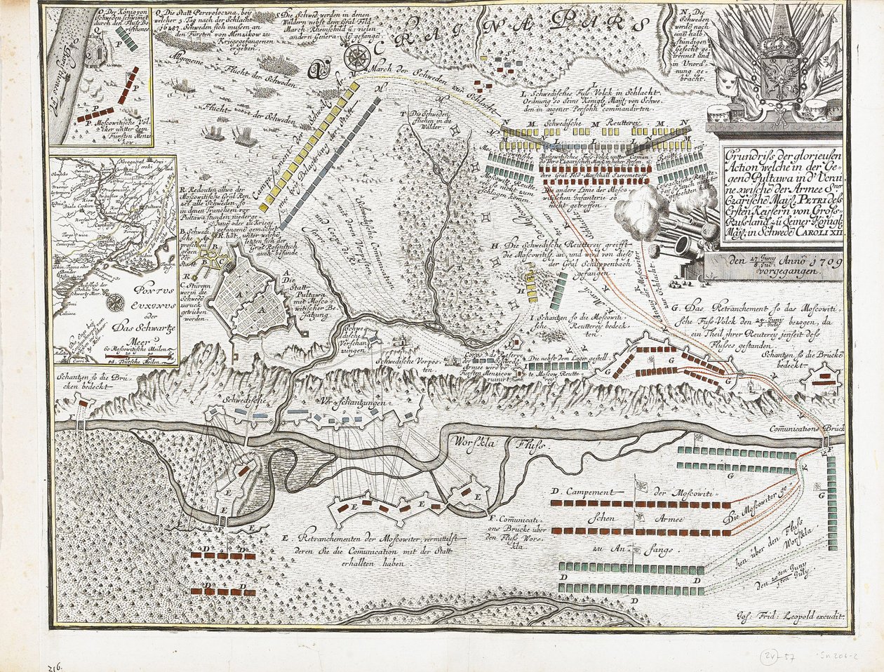 Mappa della Battaglia di Poltava del 27 giugno 1709 da Joseph Friedrich Leopold