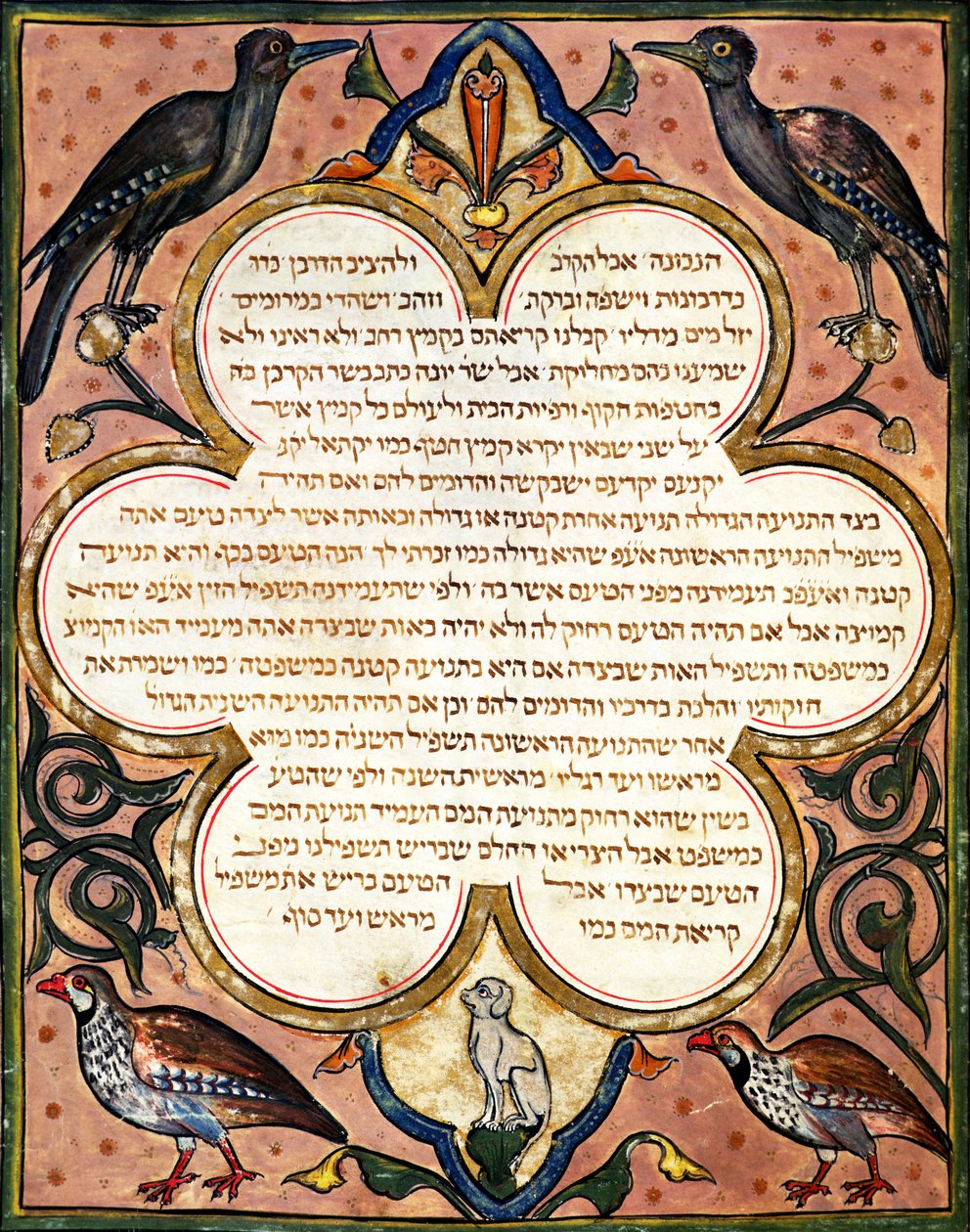 Pagina da una Bibbia ebraica con uccelli, 1299 da Joseph Ha Zarefati