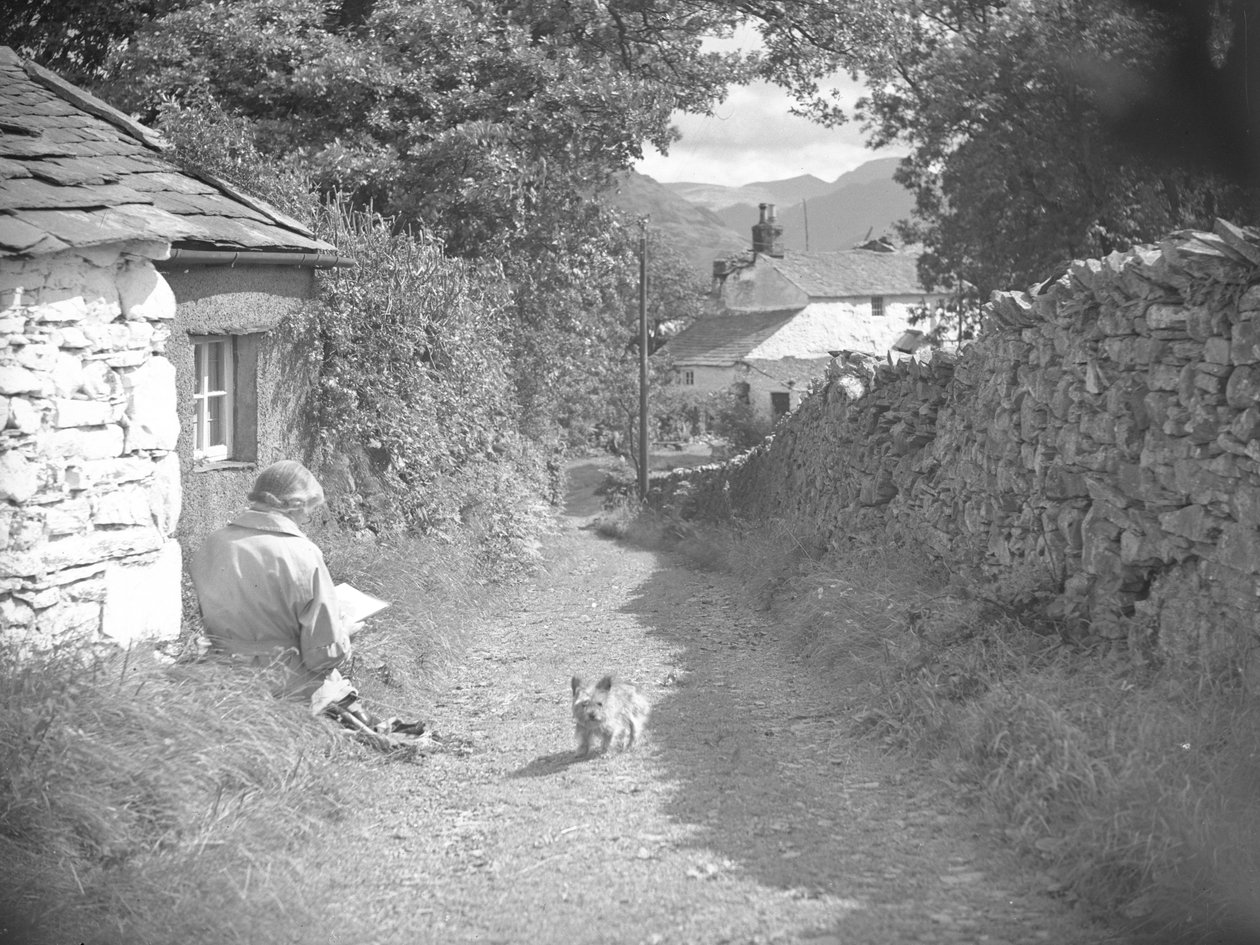 Una donna seduta a leggere con un cane in un viottolo da Joseph Hardman