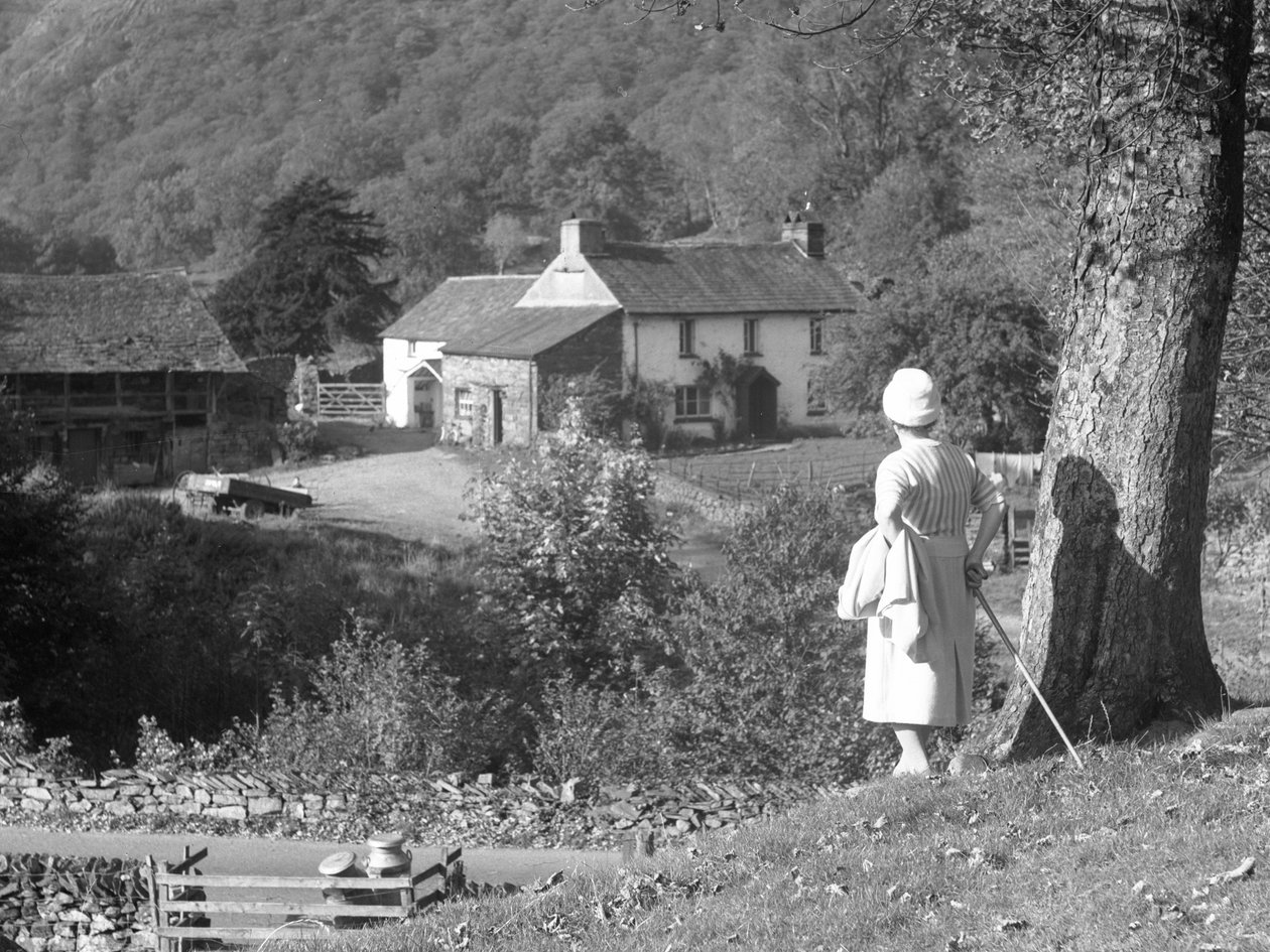 Una donna in piedi accanto a un albero, con le spalle alla telecamera, guarda verso la Yew Tree Farm da Joseph Hardman
