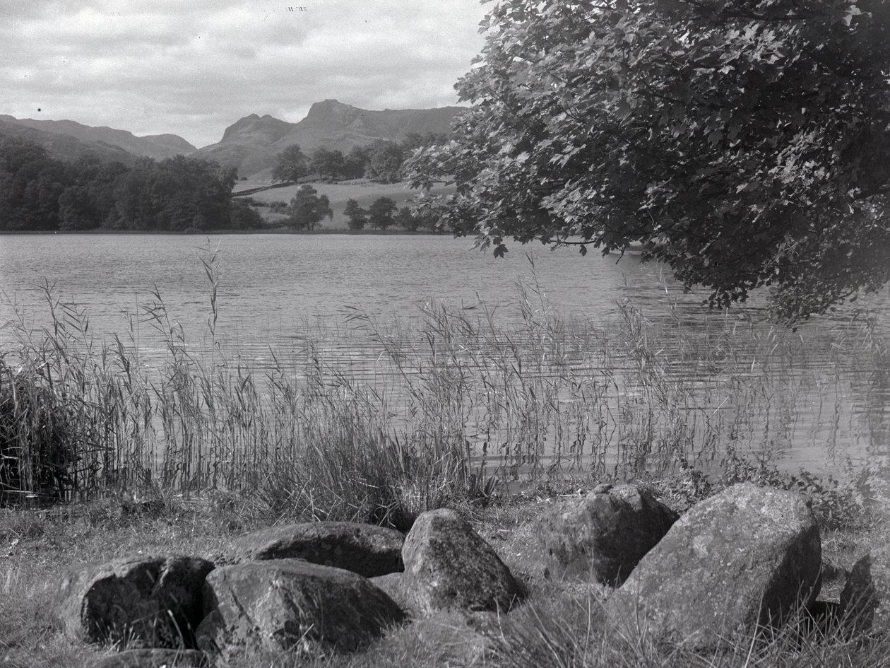 Vista sul Loughrigg Tarn, in primo piano alcune pietre incastonate nel terreno da Joseph Hardman
