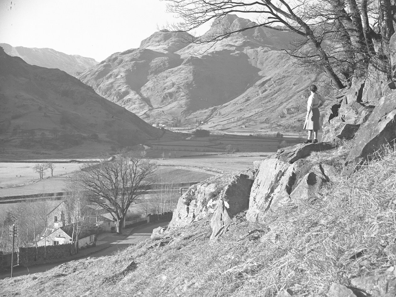 Donna in piedi su rocce sotto un albero che guarda la vista di Langdale Fells da Joseph Hardman
