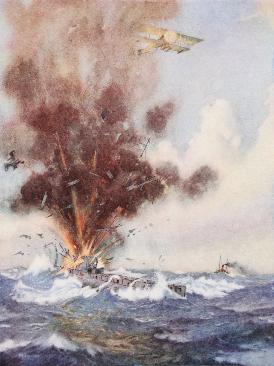 Il comandante di squadriglia A.W. Bigsworth attacca con bombe un sottomarino tedesco, che si riempie d