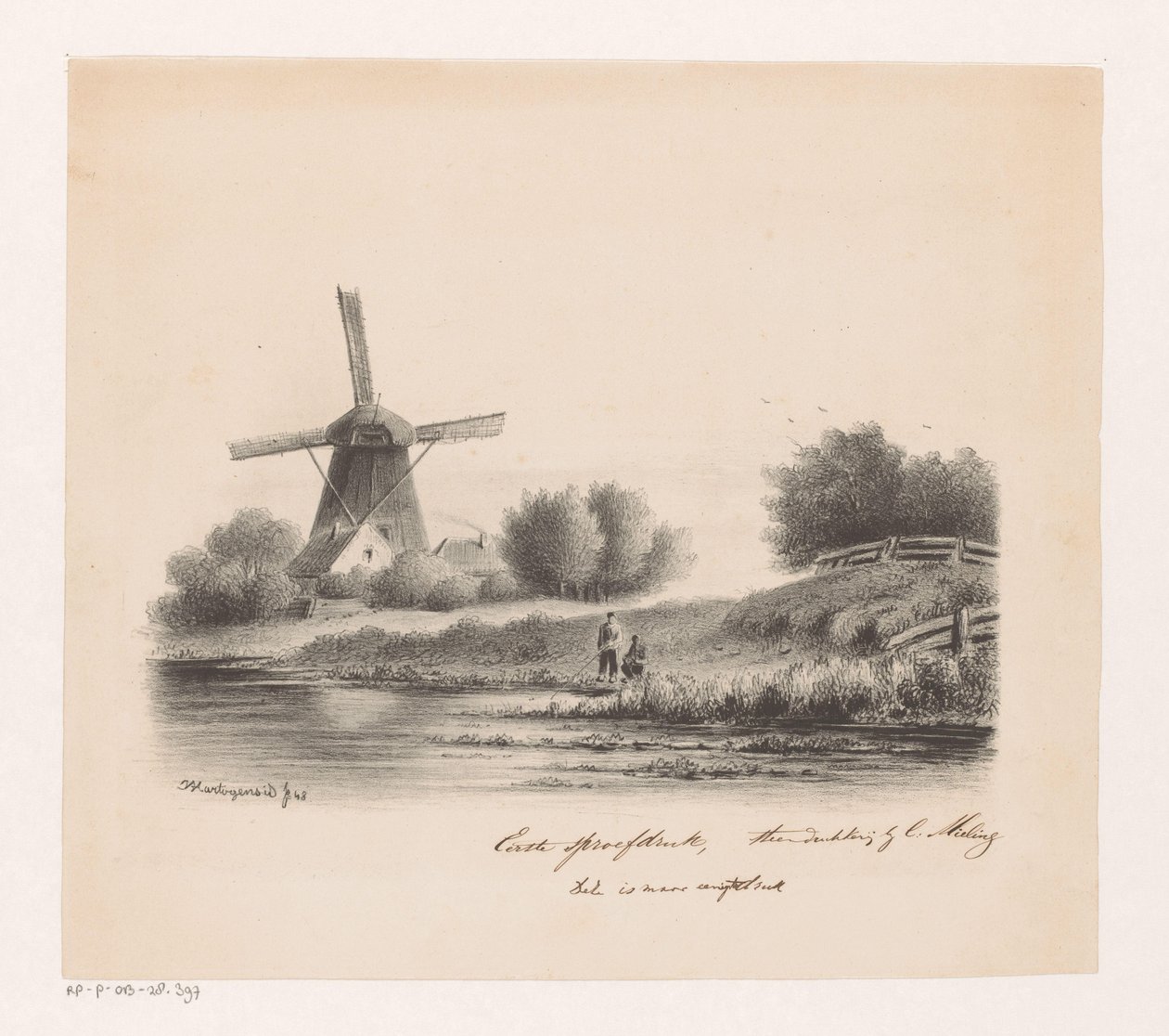 Paesaggio con mulino e due pescatori da Joseph Hartogensis